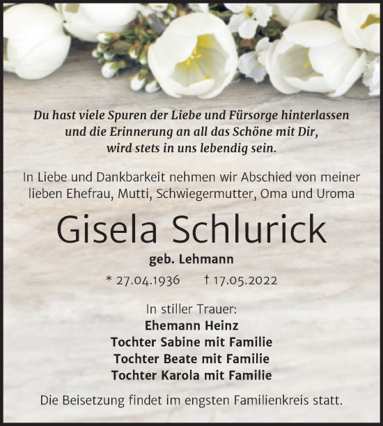 Traueranzeige von Gisela Schlurick von Trauerkombi Bitterfeld