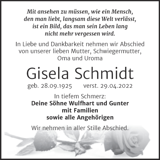 Traueranzeige von Gisela Schmidt von Trauerkombi Weißenfels