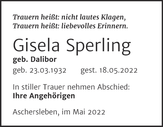 Traueranzeige von Gisela Sperling von Trauerkombi Aschersleben
