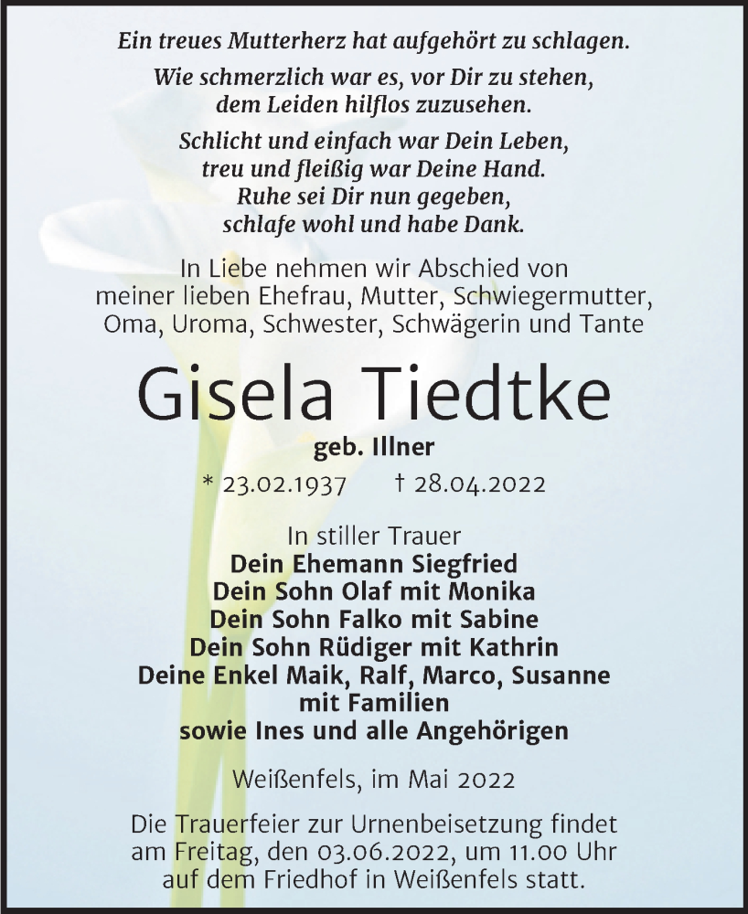  Traueranzeige für Gisela Tiedtke vom 11.05.2022 aus Trauerkombi Weißenfels