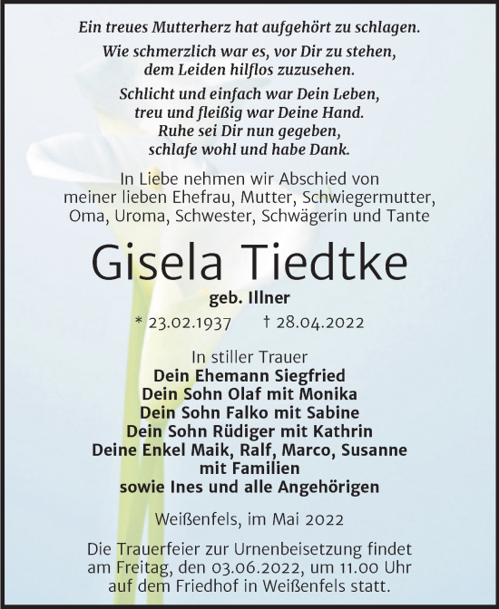 Traueranzeige von Gisela Tiedtke von Trauerkombi Weißenfels