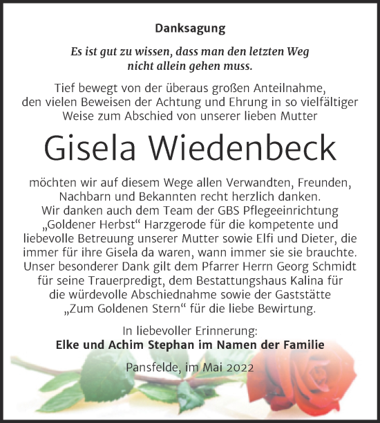 Traueranzeige von Gisela Wiedenbeck von Trauerkombi Quedlinburg