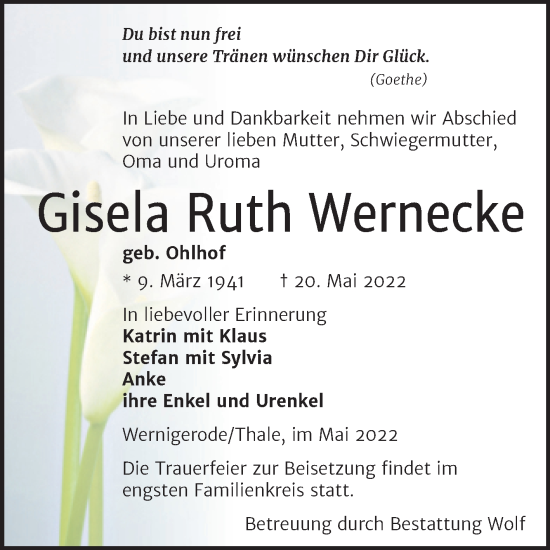 Traueranzeige von Gisela Ruth Wernecke von Mitteldeutsche Zeitung Quedlingburg
