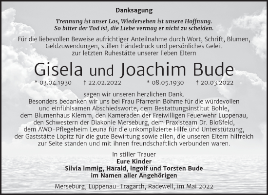 Traueranzeige von Gisela und Joachim Bude von Trauerkombi Merseburg