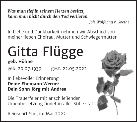 Traueranzeige von Gitta Flügge von Trauerkombi Wittenberg