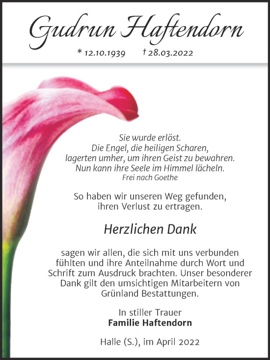 Traueranzeige von Gudrun Haftendorn von Mitteldeutsche Zeitung Halle/Saalkreis
