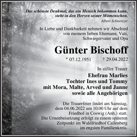 Traueranzeige von Günter Bischoff von Trauerkombi Dessau