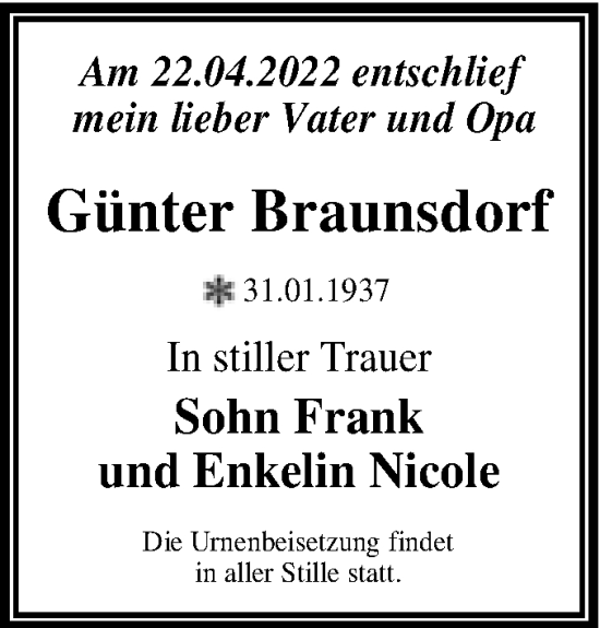 Traueranzeige von Günter Braunsdorf von Trauerkombi Wittenberg