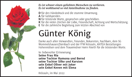Traueranzeige von Günter König von Trauerkombi Weißenfels