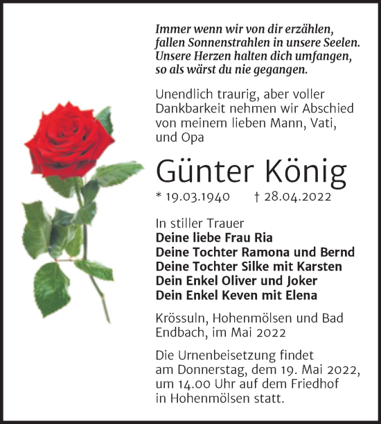 Traueranzeige von Günter König von Trauerkombi Weißenfels