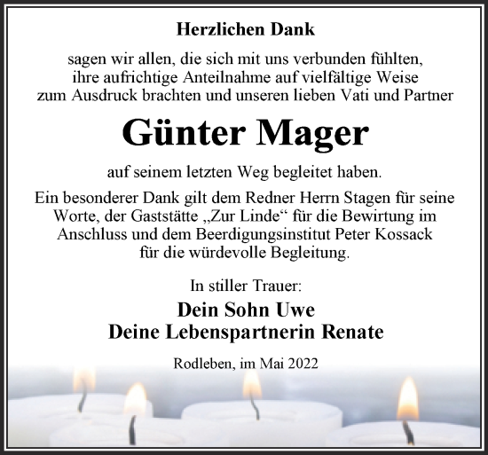 Traueranzeige von Günter Mager von Trauerkombi Dessau