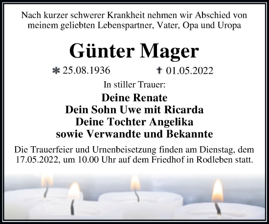 Traueranzeige von Günter Mager von Trauerkombi Dessau