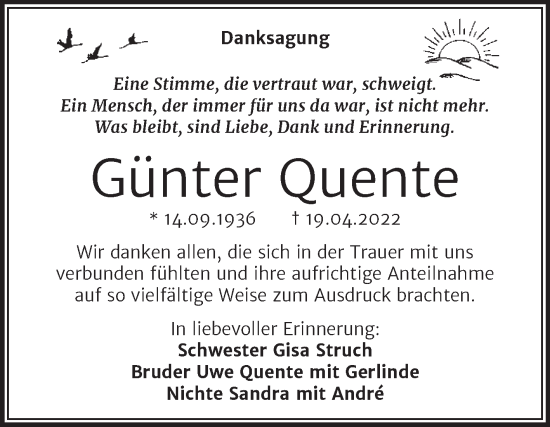 Traueranzeige von Günter Quente von Trauerkombi Merseburg