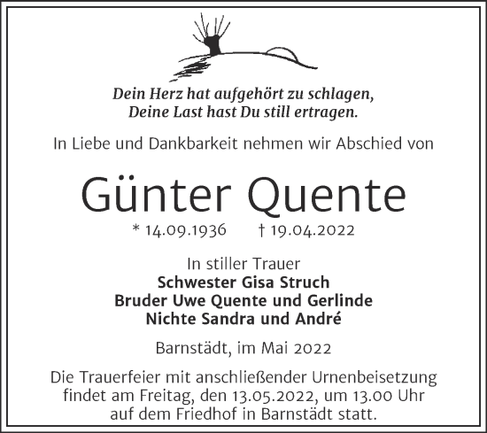 Traueranzeige von Günter Quente von Trauerkombi Merseburg