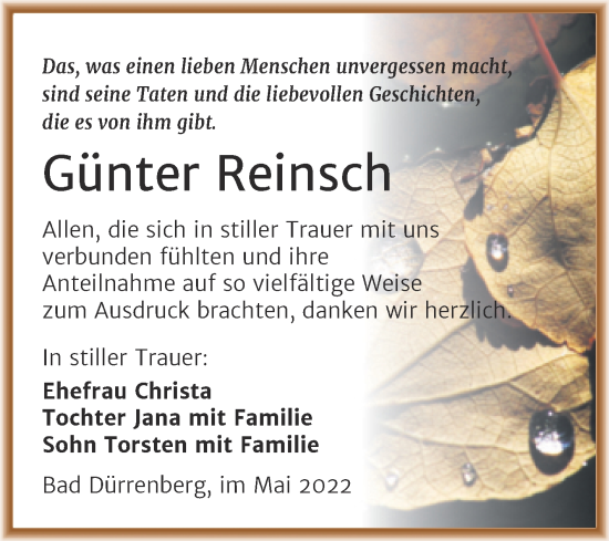 Traueranzeige von Günter Reinsch von Trauerkombi Merseburg