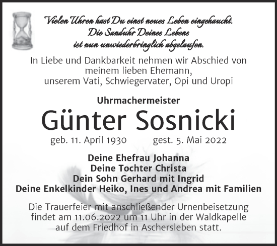 Traueranzeige von Günter Sosnicki von Trauerkombi Aschersleben