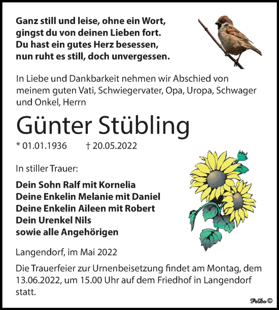 Traueranzeige von Günter Stübling von Trauerkombi Weißenfels