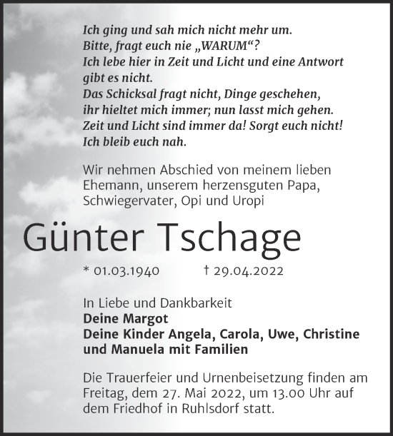 Traueranzeige von Günter Tschage von Trauerkombi Wittenberg