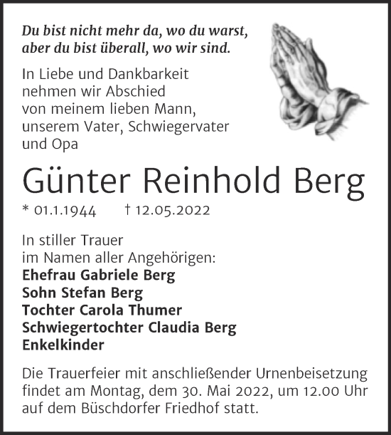 Traueranzeige von Günter Reinhold Berg von Mitteldeutsche Zeitung Halle/Saalkreis