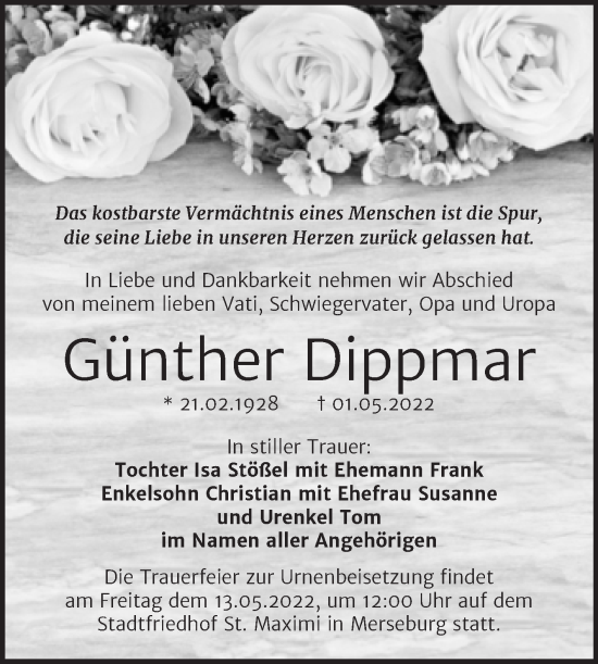 Traueranzeige von Günther Dippmar von Trauerkombi Merseburg