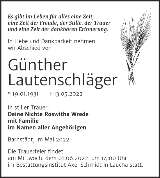Traueranzeige von Günther Lautenschläger von Trauerkombi Merseburg