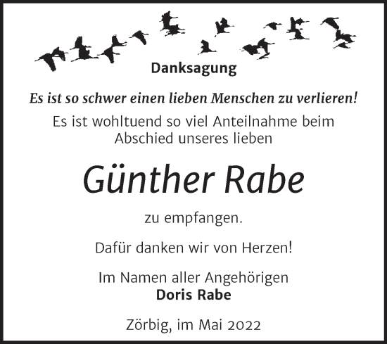 Traueranzeige von Günther Rabe von Trauerkombi Bitterfeld