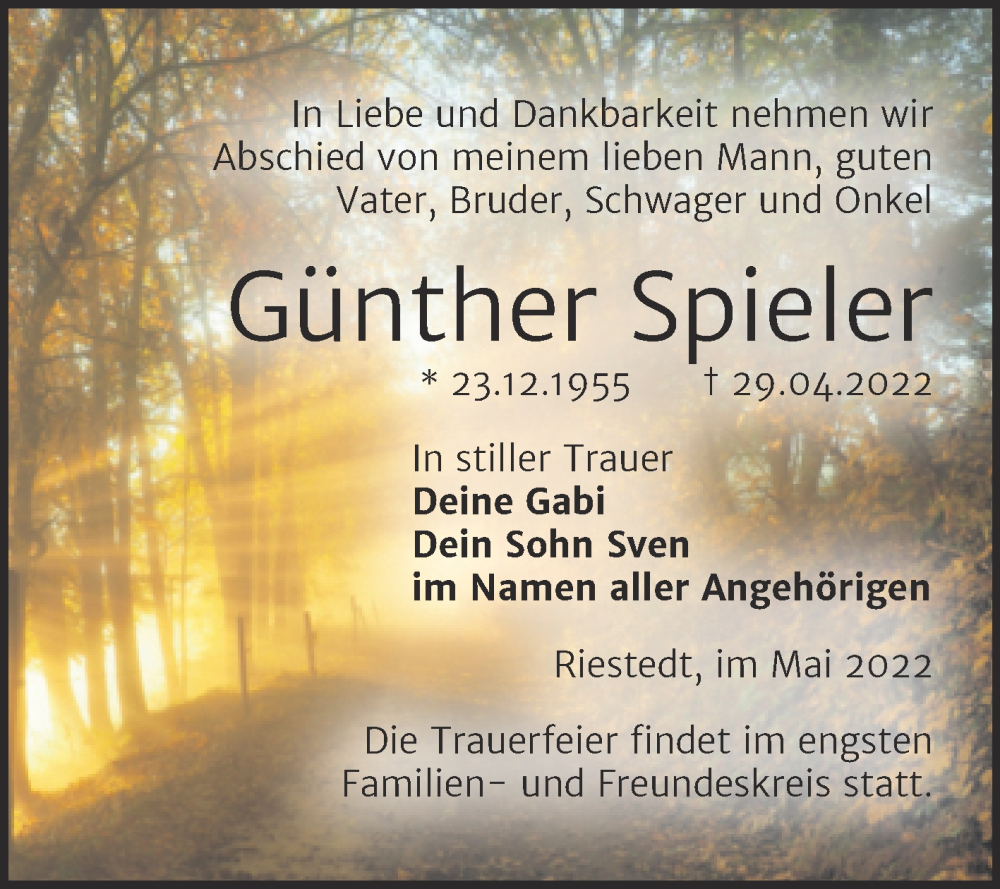  Traueranzeige für Günther Spieler vom 07.05.2022 aus Trauerkombi Sangerhausen