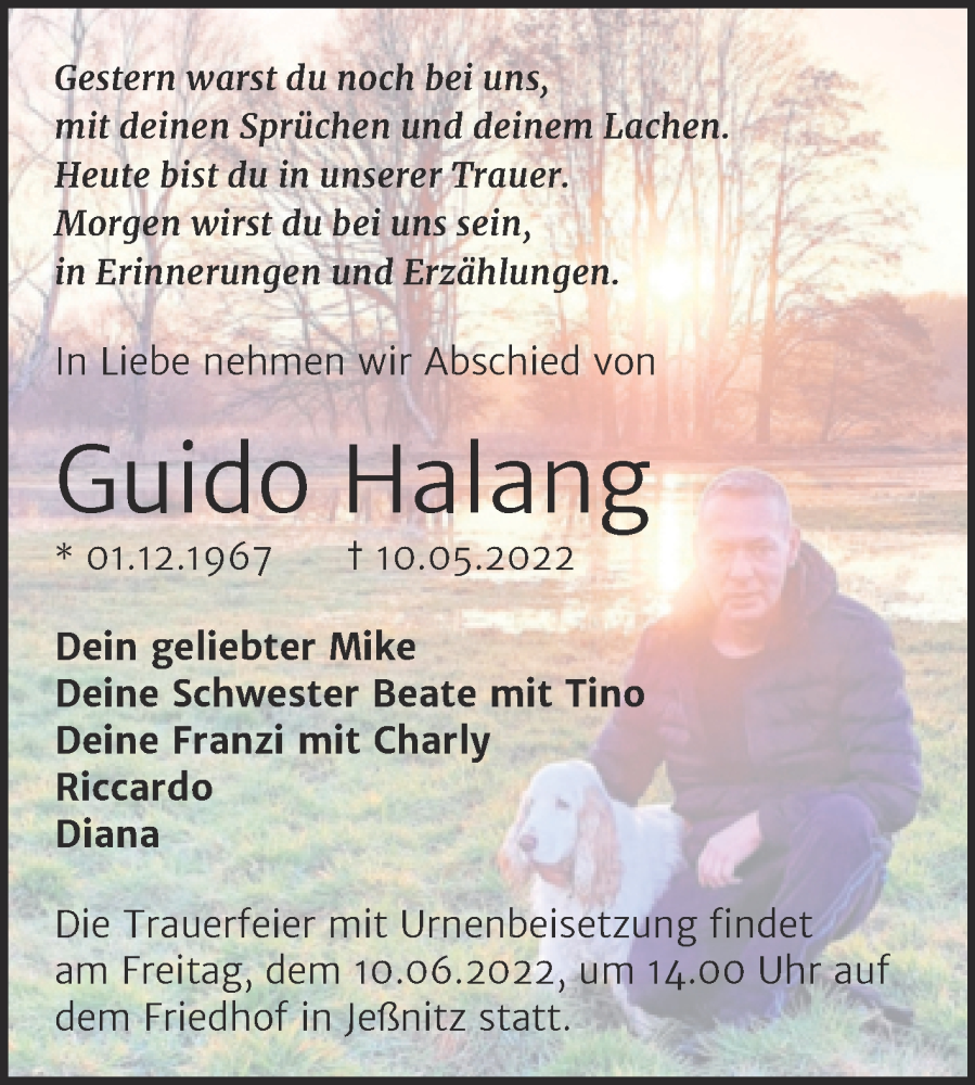  Traueranzeige für Guido Halang vom 28.05.2022 aus Trauerkombi Bitterfeld