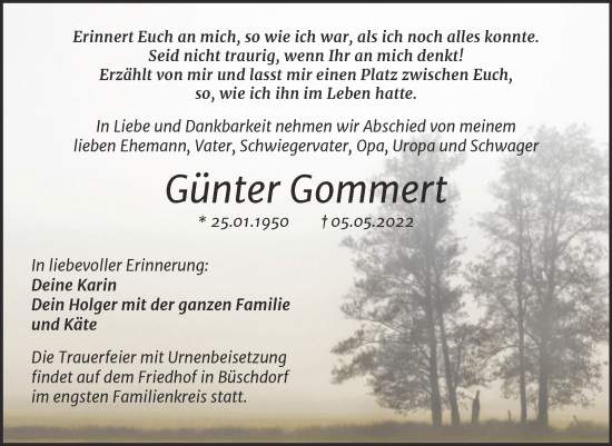 Traueranzeige von Gunter Gommert von Mitteldeutsche Zeitung Halle/Saalkreis