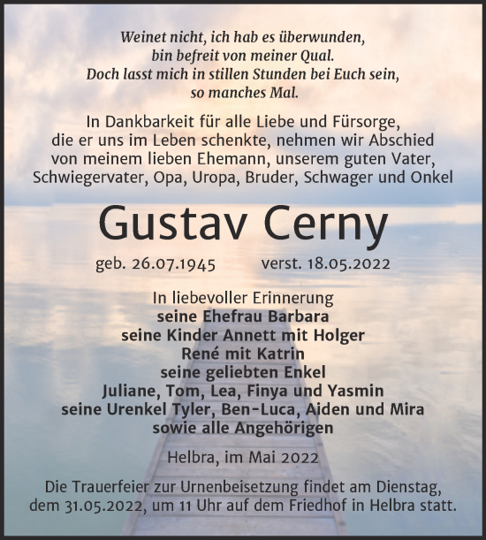 Traueranzeige von Gustav Cerny von Trauerkombi Mansfelder Land