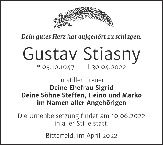 Traueranzeige von Gustav Stiasny von Trauerkombi Bitterfeld
