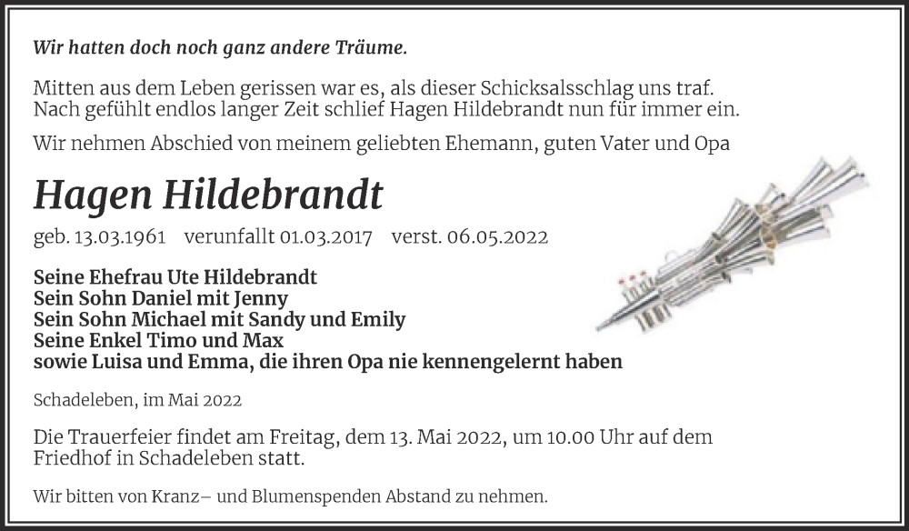  Traueranzeige für Hagen Hildebrandt vom 11.05.2022 aus Mitteldeutsche Zeitung Aschersleben