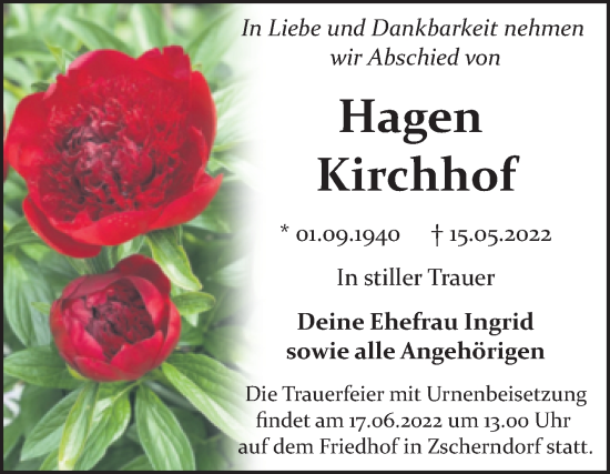 Traueranzeige von Hagen Kirchhof von Wochenspiegel Bitterfeld