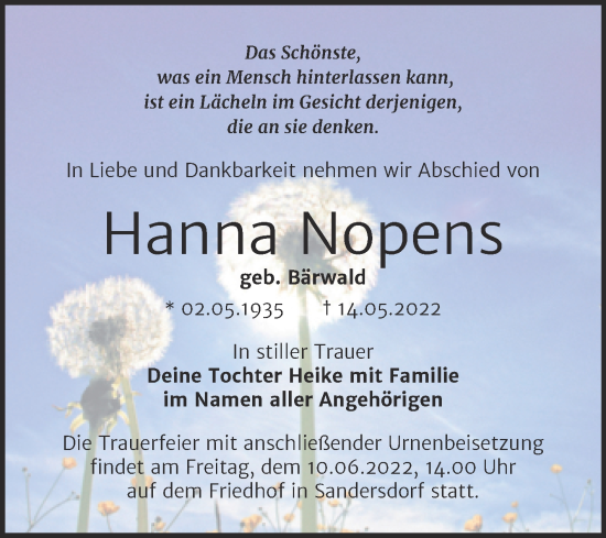 Traueranzeige von Hanna Nopens von Trauerkombi Bitterfeld
