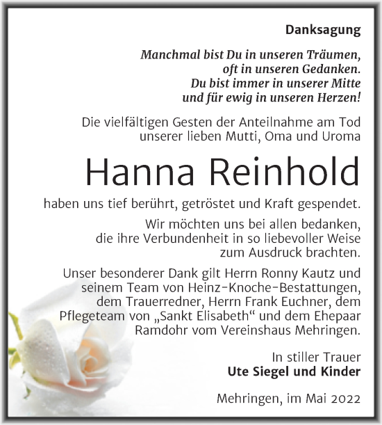 Traueranzeige von Hanna Reinhold von Trauerkombi Aschersleben