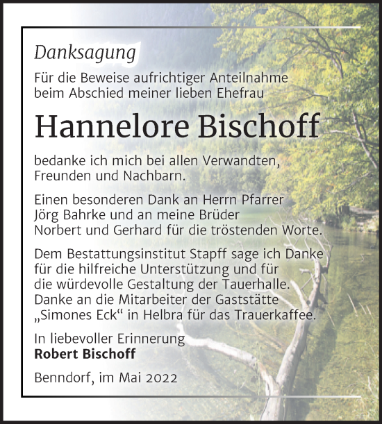 Traueranzeige von Hannelore Bischoff von Trauerkombi Mansfelder Land