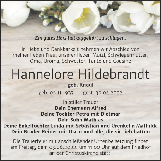 Traueranzeige von Hannelore Hildebrandt von Trauerkombi Wittenberg