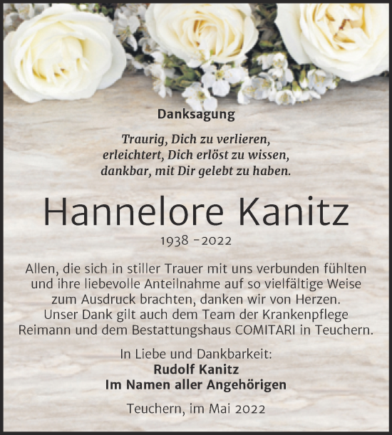 Traueranzeige von Hannelore Kanitz von Trauerkombi Weißenfels