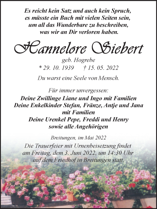 Traueranzeige von Hannelore Siebert von Trauerkombi Sangerhausen