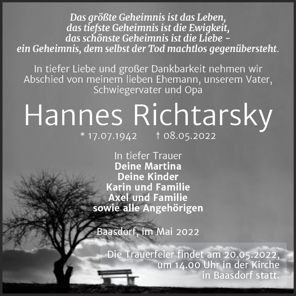  Traueranzeige für Hannes Richtarsky vom 14.05.2022 aus Trauerkombi Köthen