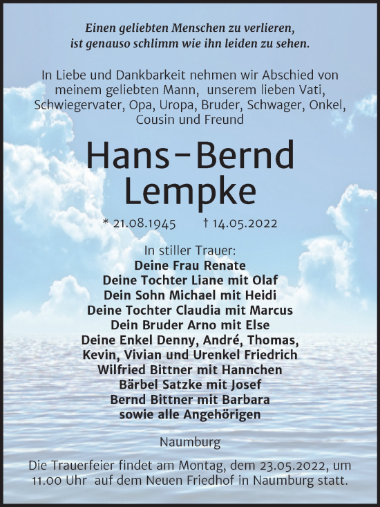 Traueranzeige von Hans-Bernd Lempke von Naumburger Tageblatt