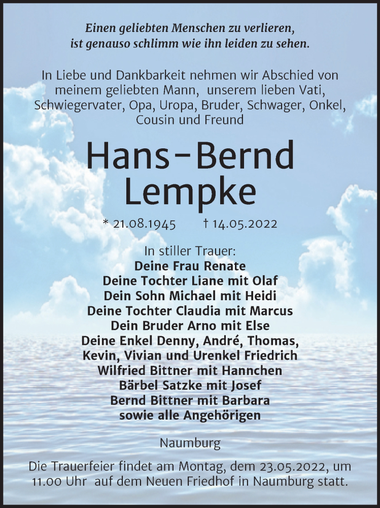  Traueranzeige für Hans-Bernd Lempke vom 18.05.2022 aus Naumburger Tageblatt