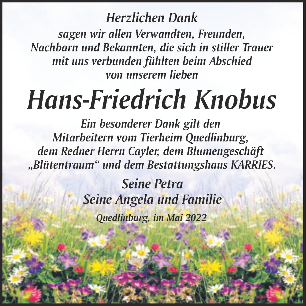  Traueranzeige für Hans-Friedrich Knobus vom 21.05.2022 aus Trauerkombi Quedlinburg