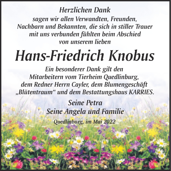 Traueranzeige von Hans-Friedrich Knobus von Trauerkombi Quedlinburg