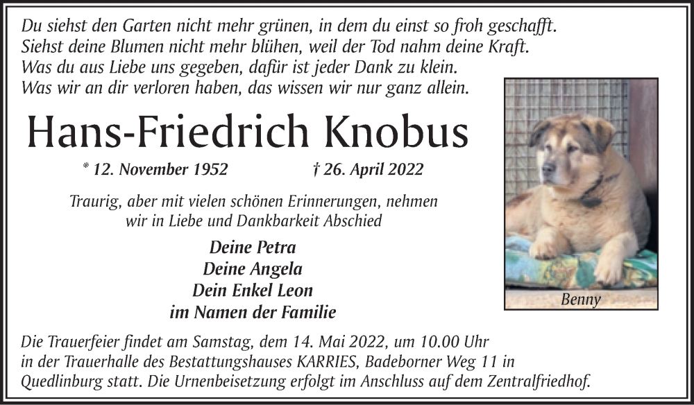  Traueranzeige für Hans-Friedrich Knobus vom 07.05.2022 aus Trauerkombi Quedlinburg