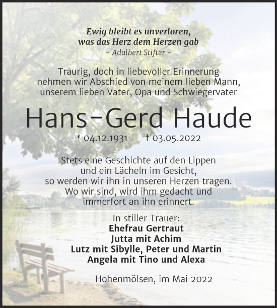 Traueranzeige von Hans-Gerd Haude von Trauerkombi Weißenfels