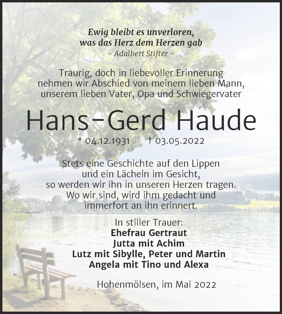  Traueranzeige für Hans-Gerd Haude vom 14.05.2022 aus Trauerkombi Weißenfels