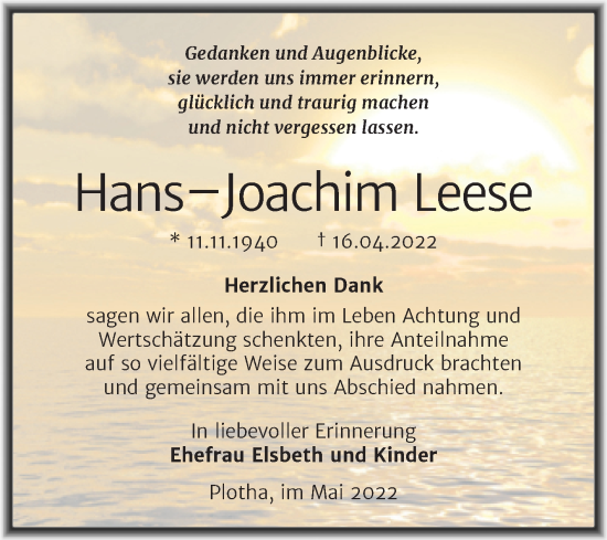 Traueranzeige von Hans-Joachim Leese von Trauerkombi Weißenfels