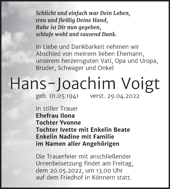 Traueranzeige von Hans-Joachim Voigt von Trauerkombi Bernburg