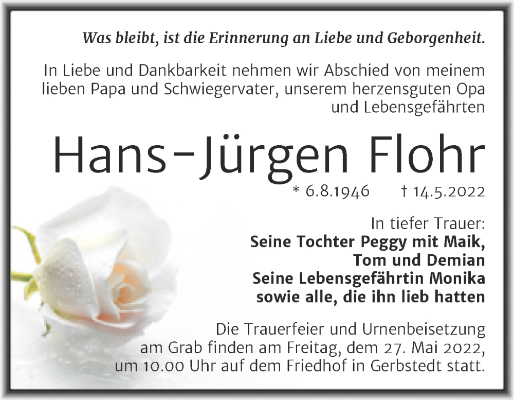  Traueranzeige für Hans-Jürgen Flohr vom 20.05.2022 aus Trauerkombi Mansfelder Land